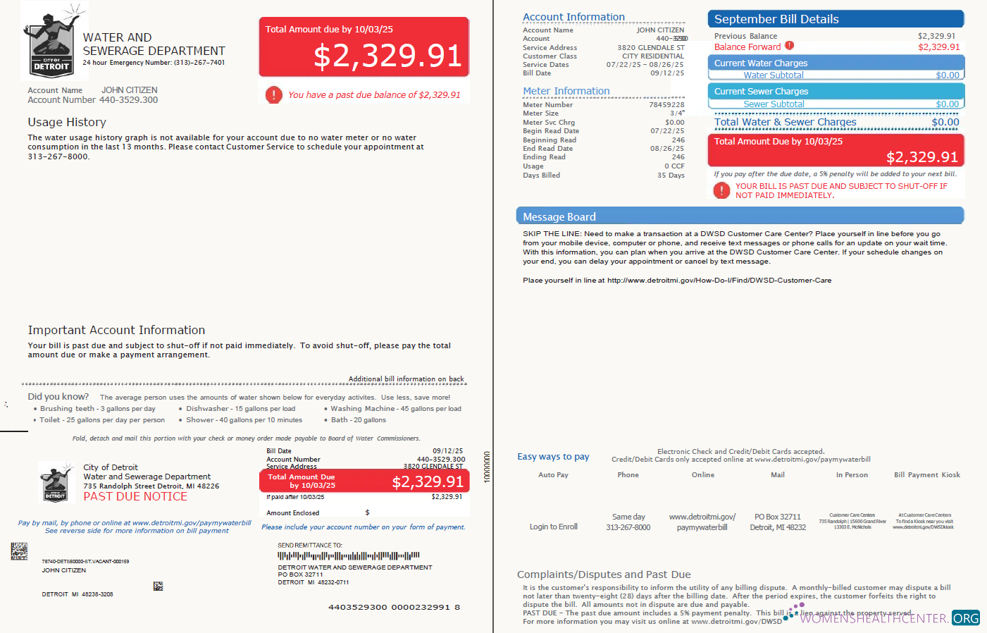 USA Glendale Water and Sewerage Department utility bill template in Word and PDF formats, 2 pages